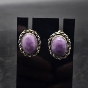 Mexico Sterling Silver Screw Back Earrings Purple Stone 925 Vintage